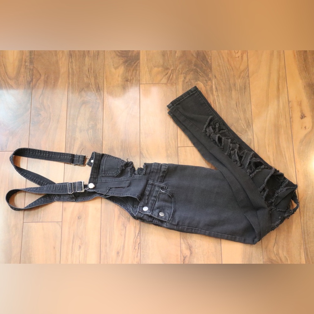 Women's Black Distressed Denim Overalls